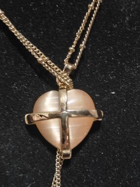 Cross Gold-Tone Pink Heart Pendant Necklace